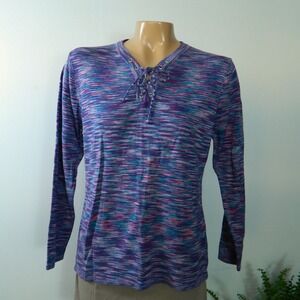 Abito Knit Top Women Small Purple Space Dye Lace Up Grommet Long Sleeve Top Vtg